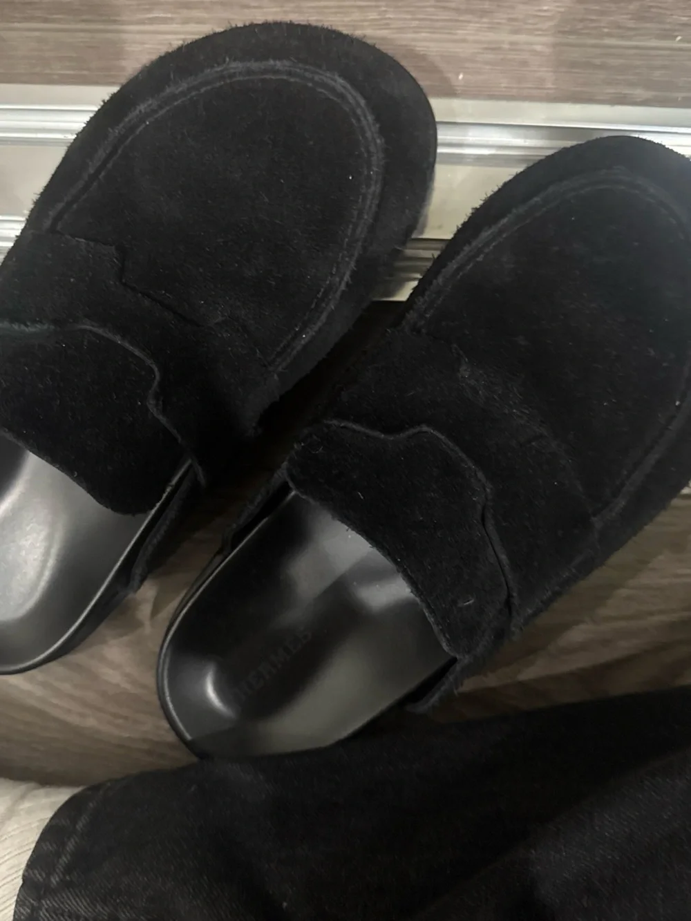 Hermes Black Suede Penny Loafers